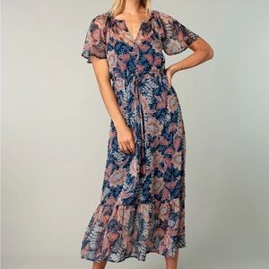 Blue and Pink Ruffled Tiered Midi Sundress